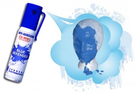 Aérosol pigmenté Blue Defender. Bombe lacrymogène fabriquée en France.